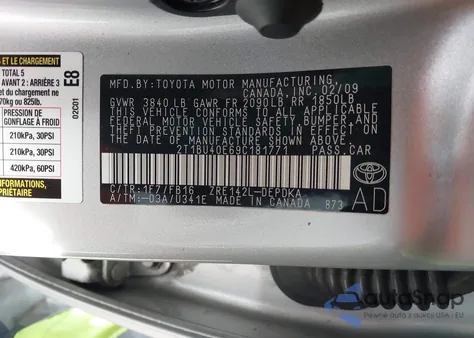 2009 Toyota Corolla Le z USA, uszkodzony, nr VIN 2T1BU40E69C181771